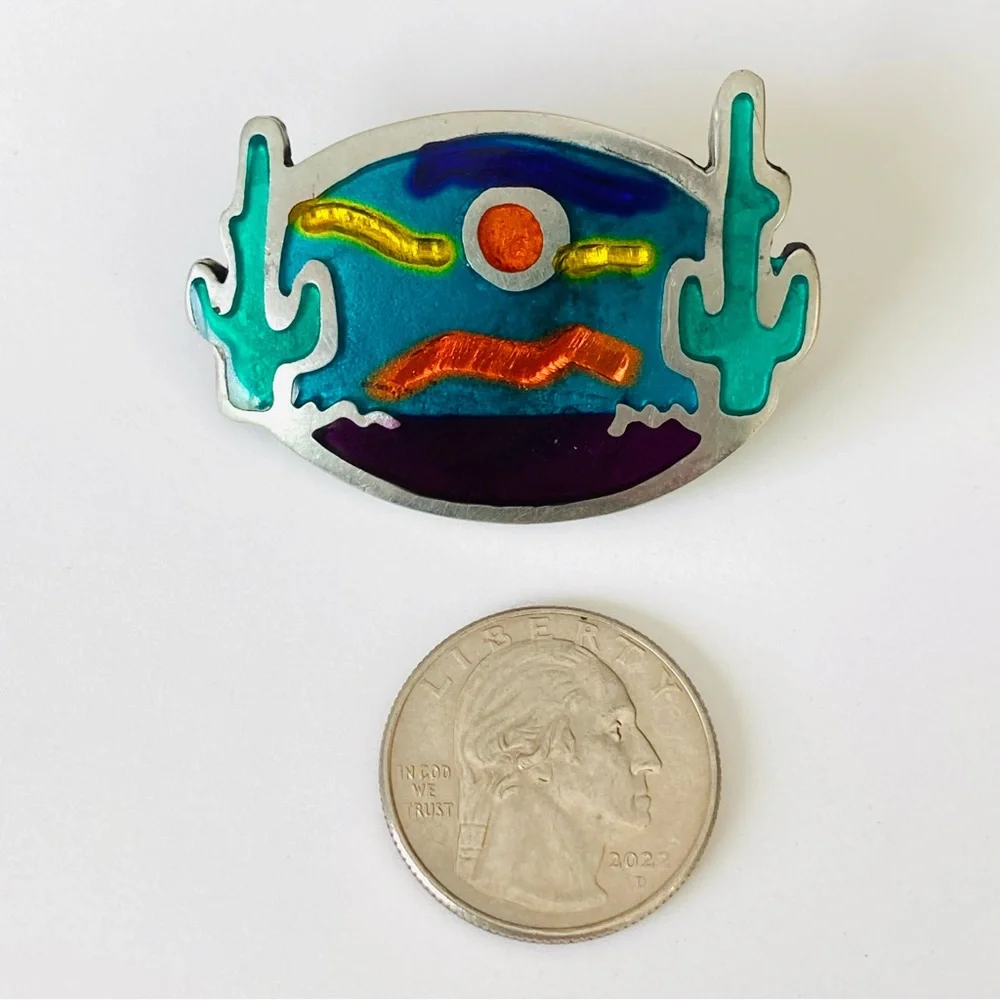 Vintage Signed ALIA 1991 Cactus Moon Enamel Inlay Brooch Pin Pendant - Picture 2 of 3